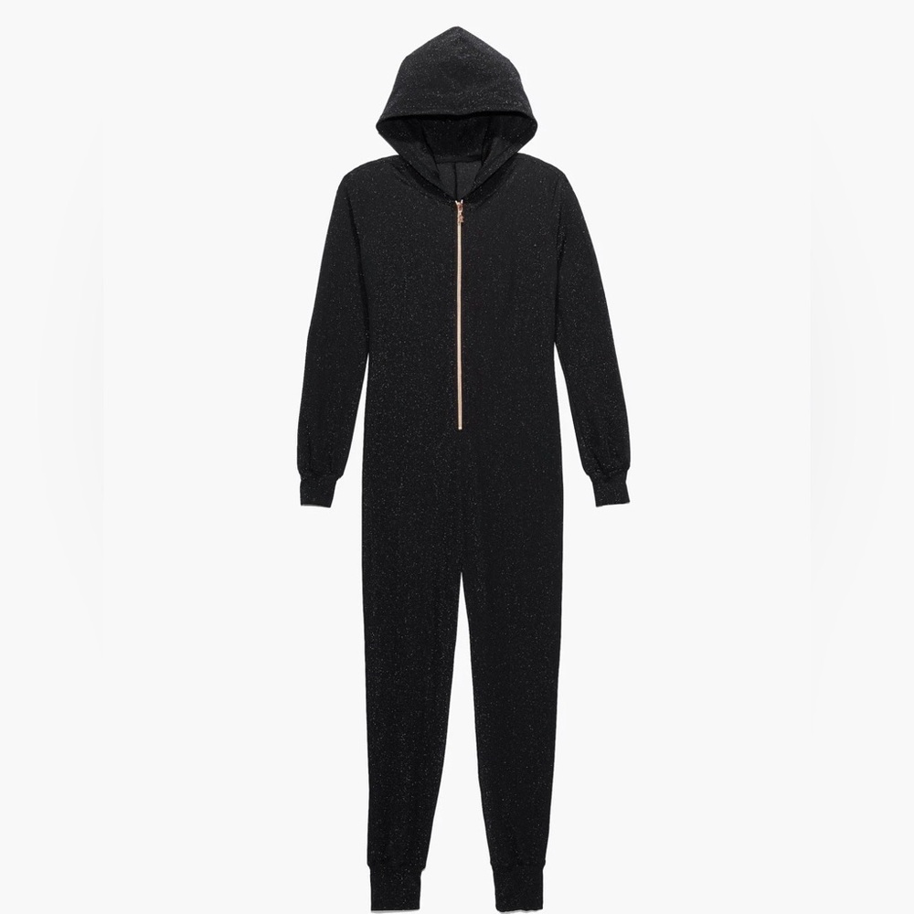 FENTY Savage X Fenty Black Metallic Hooded Jumpsuit Large Zip Front Onsie NWOT